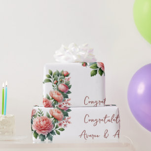 Peach Peonies On White Personalized Wedding/Shower Wrapping Paper