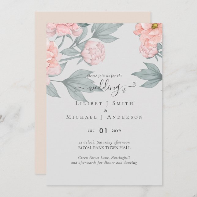 Peach Peonies Sage Floral Budget Wedding (Front/Back)