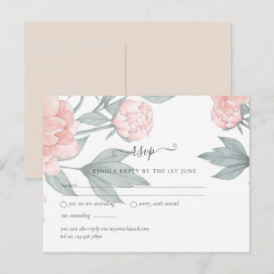 Peach Peonies Sage Floral Budget Wedding RSVP Postcard