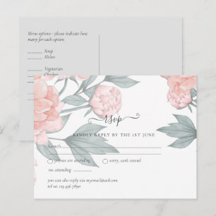 Peach Peonies Sage Floral Budget Wedding RSVP Postcard
