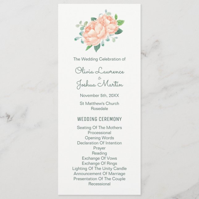 Peach Peony & Eucalyptus Programmes de mariage (Devant)