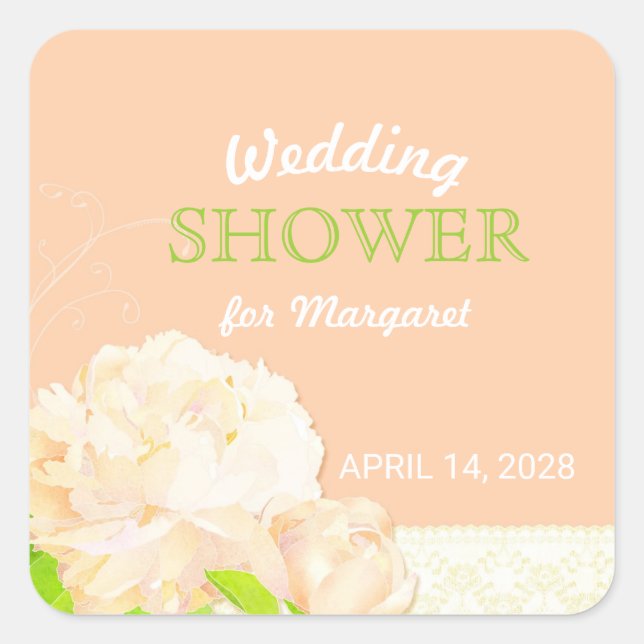 Peach Peony Floral Bridal Shower Square Sticker (Front)