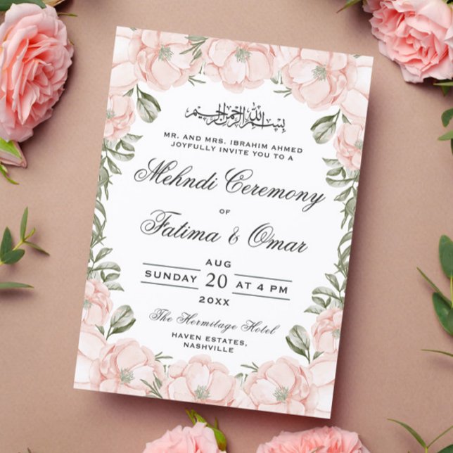Peach Peony Floral Frame Islamic Mehndi Ceremony Invitation (Creator Uploaded)