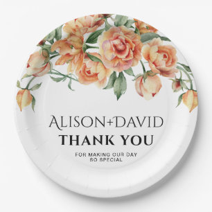 Peach peony flowers and typography wedding paper plate