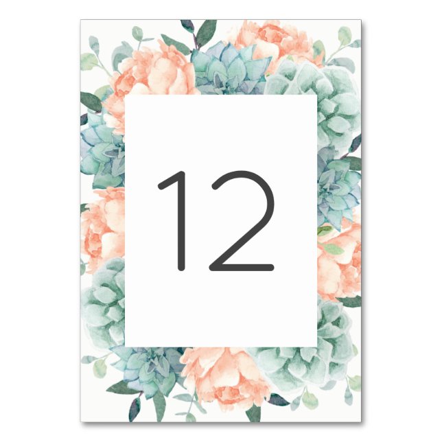 Peach Peony Flowers Succulents Table Number (Front)