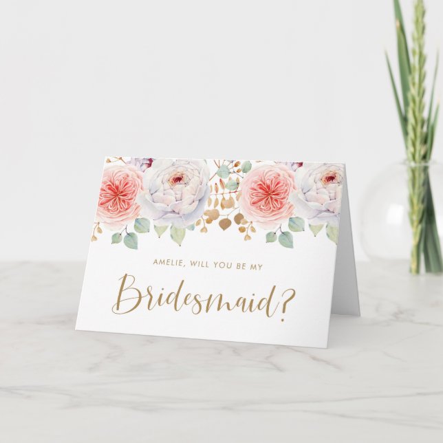 Peach Peony Gold Leaves Will You Be My Bridesmaid Invitation (Front)