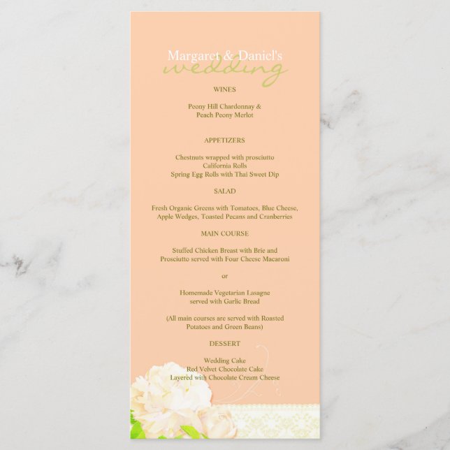 Peach Peony Long Vertical Wedding Menu (Front)