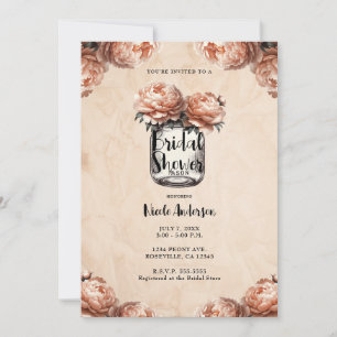Peach Peony Mason Jar Rustic Bridal Shower  Invitation