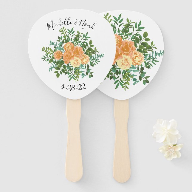 Peach Peony & Rose Floral Wedding Hand Fan (Front and Back)