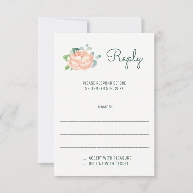 Peach Peony Watercolor Mariage Répondre Cartes (Devant)