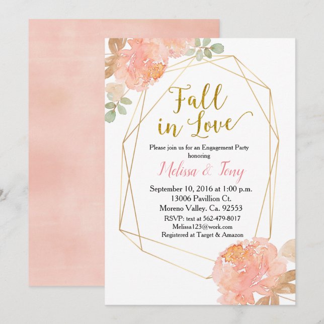Peach peony watercolour engagement party invitation (Front/Back)