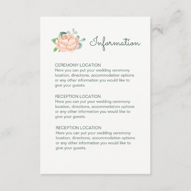 Peach Peony Wedding Information Cards (Front)