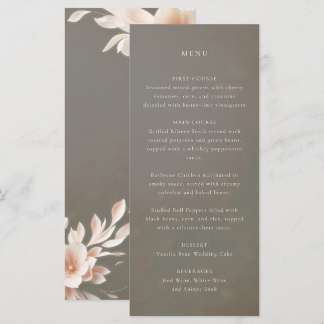 Peach petals taupe brown wedding menu (Front/Back)