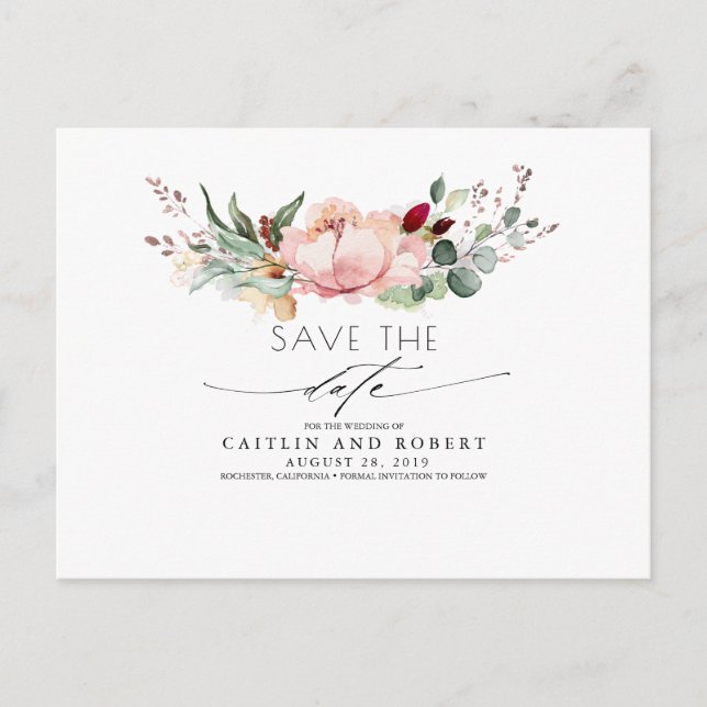 Peach Pink and Burgundy Floral Save the Date Postcard (Front)