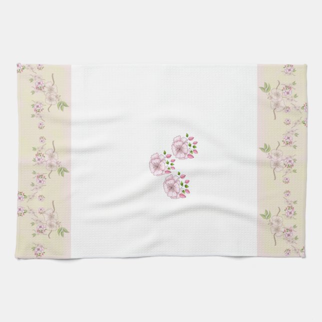 Peach Pink and Green Floral Victorian Art Kitchen Towel (Horizontal)