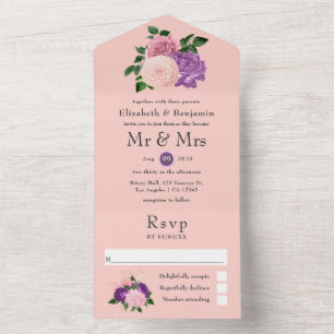 Peach Pink and Purple Floral Wedding All In One In All In One Invitation