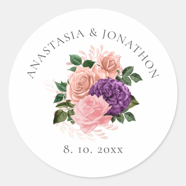 Peach Pink and Purple Floral Wedding Classic Round Sticker (Front)