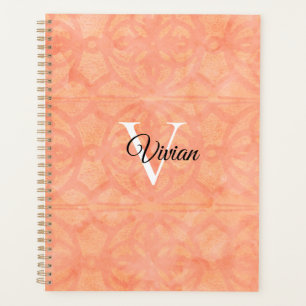 Peach Pink Batik Elegant Monogram Name Planner