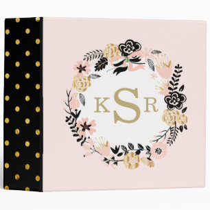 Peach Pink Black Gold Floral Wreath Monogrammed Binder