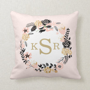 Peach Pink Black Gold Floral Wreath Monogrammed Throw Pillow
