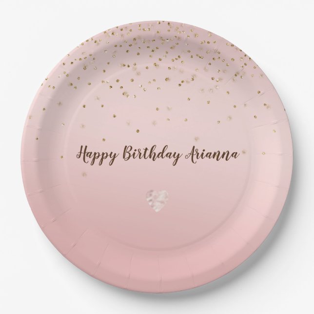 Peach Pink Blush Gold Glitz Confetti Sparkle Heart Paper Plate (Front)