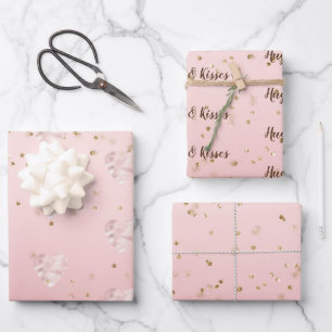 Peach Pink Blush Gold Glitz Confetti Sparkle Heart Wrapping Paper Sheet