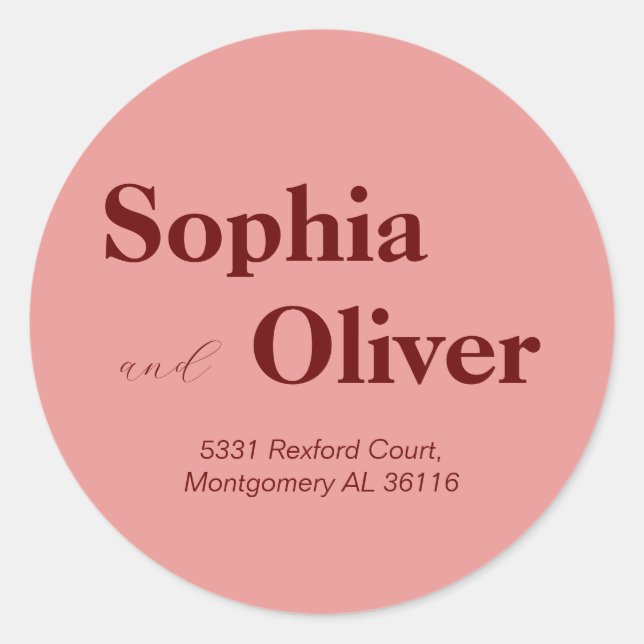 Peach pink, bold wine red letters  classic round sticker (Front)