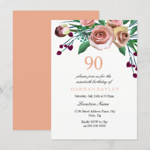 Peach Pink Burgundy Rose 90th Birthday Invitation