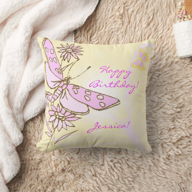 Peach Pink Butterfly Throw Pillow (Blanket)