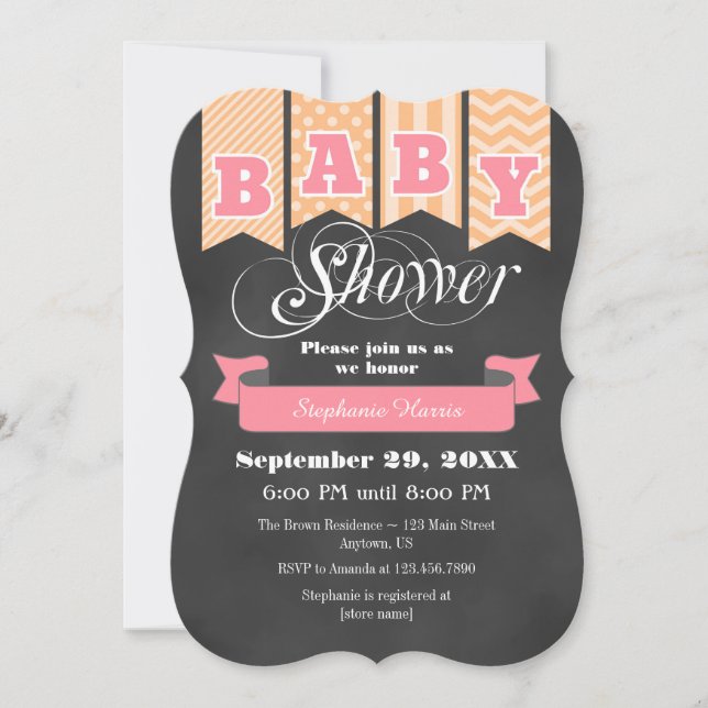 Peach Pink Chalkboard Flag Baby Shower Invite (Front)