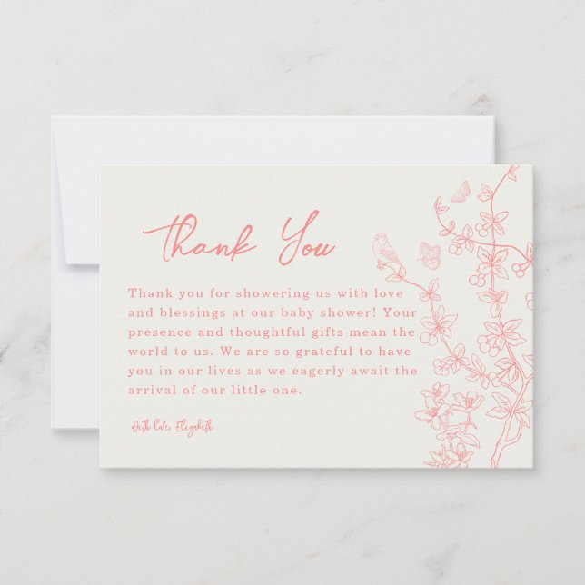 Peach Pink  Chinoiserie Baby Shower Thank You Card (Front)