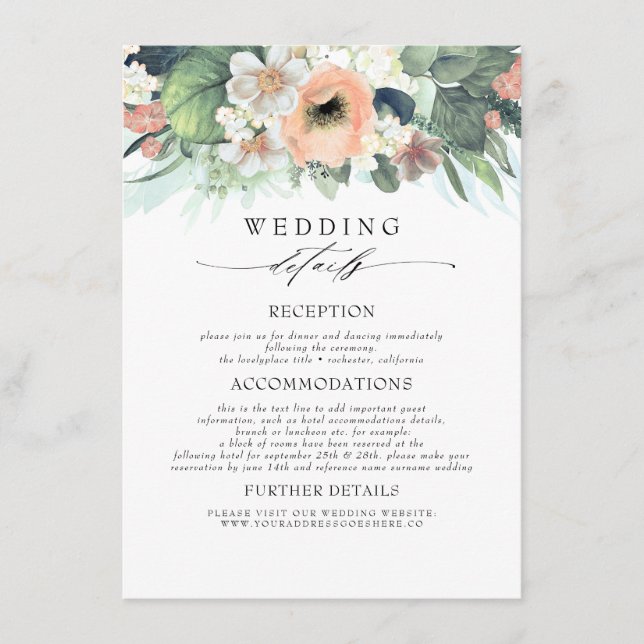 Peach Pink Coloured Flowers Wedding Information Enclosure Card (Front)