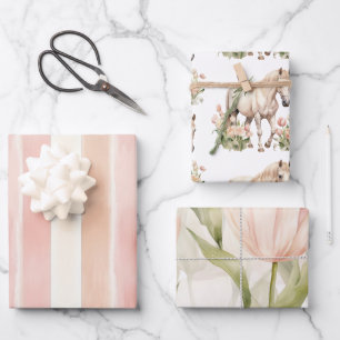 Peach Pink Cream Tulips Stripes Horse Floral  Wrapping Paper Sheet