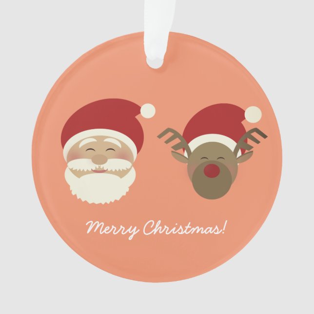 Peach Pink Cute Santa & Christmas Reindeer Ornament (Front)
