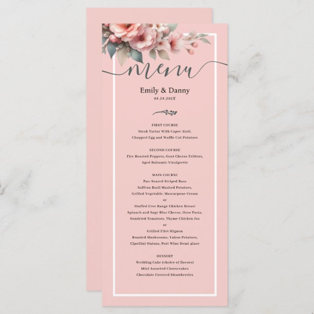 Peach Pink Elegant  Botanical Wedding Menu (Front/Back)