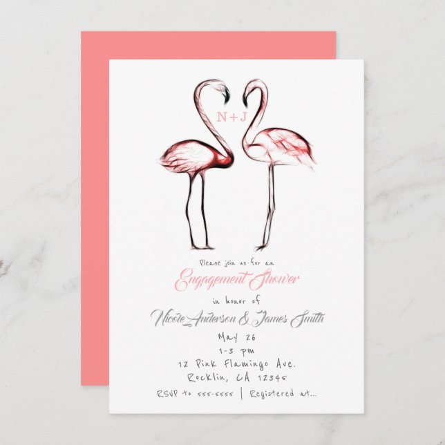 Peach Pink Flamingos Flamingo Engagement Shower Invitation (Front/Back)