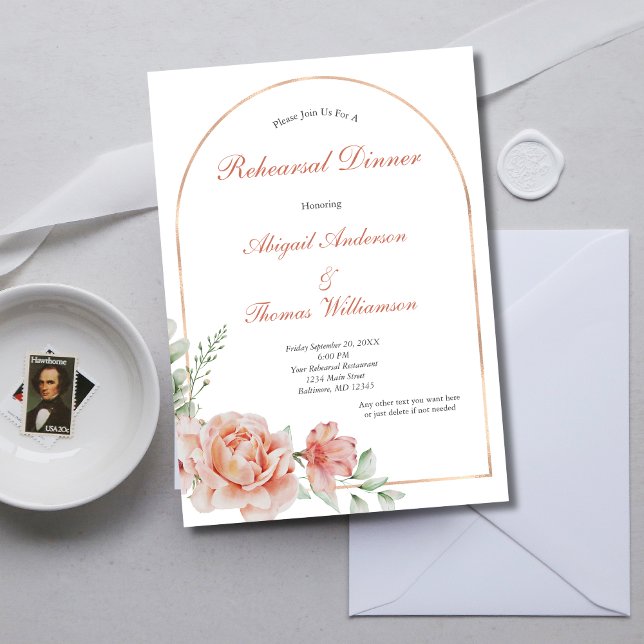 Peach Pink Floral Arch Elegant Rehearsal Dinner Invitation (Peach Blush Pink Rose Gold Arch Wedding Rehearsal Dinner Invitation)