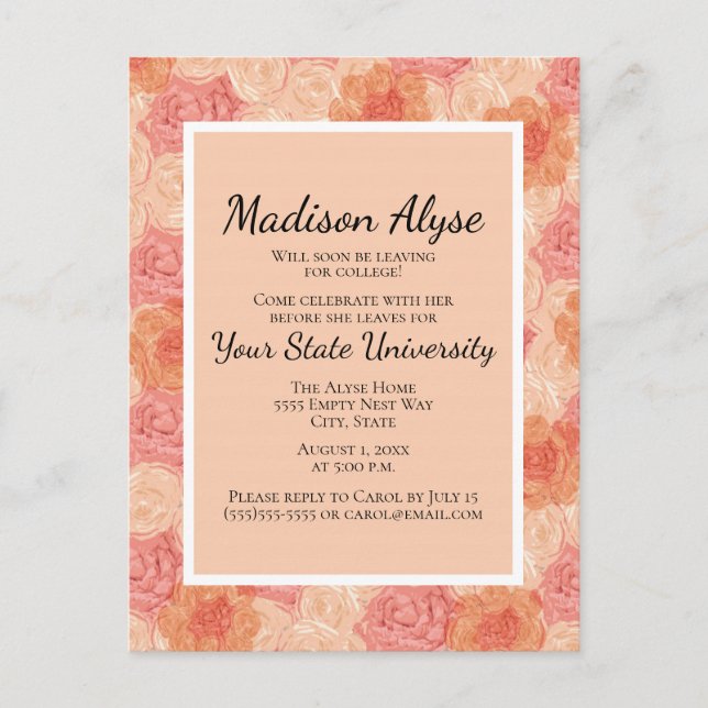 Peach  Pink Floral College Trunk Party Invitation Postcard (Front)