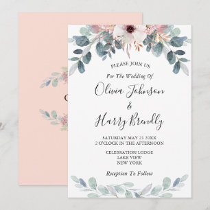 Peach Pink Floral Eucalyptus Greenery Wedding Invitation