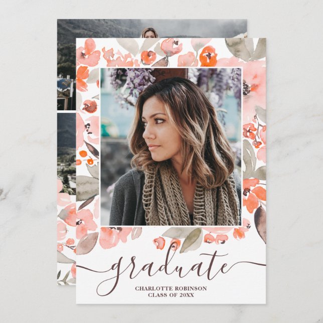Peach pink floral greenery script photo graduation invitation (Front/Back)