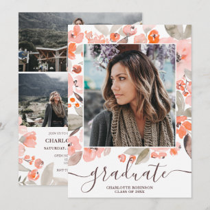 Peach pink floral greenery script photo graduation invitation