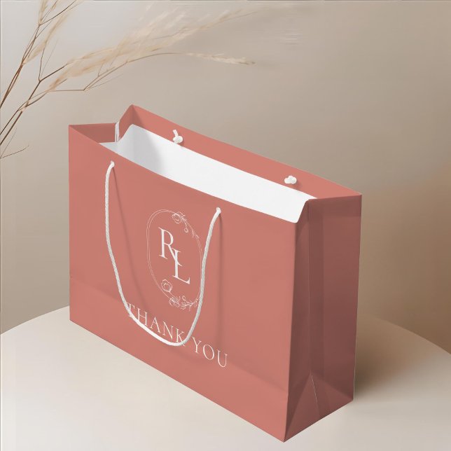 Peach Pink | Floral Monogram Wedding Thank You Large Gift Bag (Creator Uploaded)