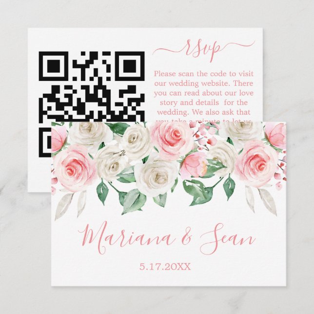 Peach Pink Floral Wedding QR Code RSVP Card (Front/Back)