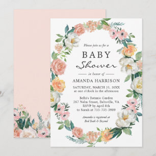 Peach Pink Floral Wreath Baby Shower Invitation