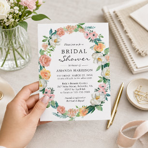 Peach Pink Floral Wreath Bridal Shower Invitation