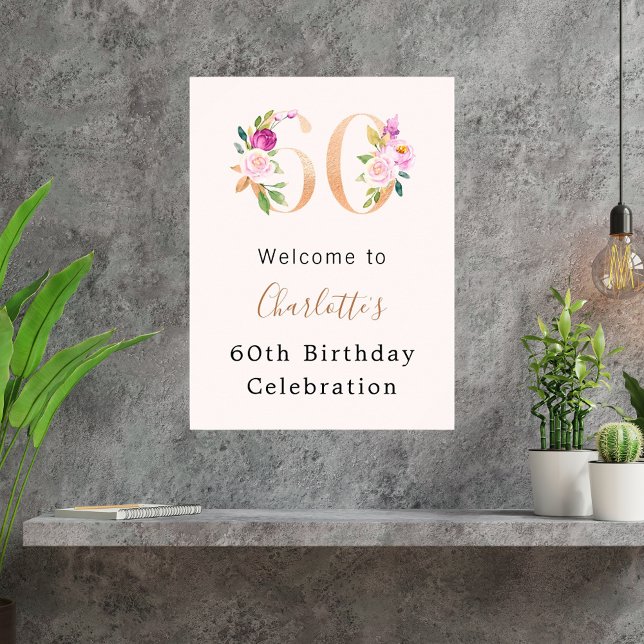 Peach pink florals number 60th birthday welcome poster (Creator Uploaded)