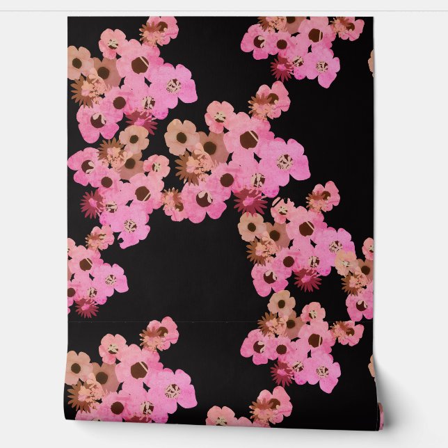 Peach Pink Flowers on Black Wallpaper (Unrolling)