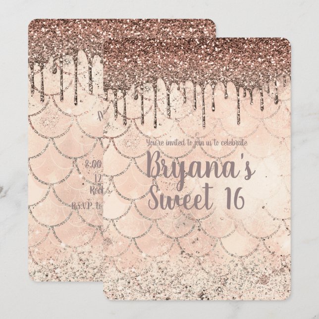 Peach Pink Glitter Drip Mermaid Sweet 16 Party Invitation (Front/Back)