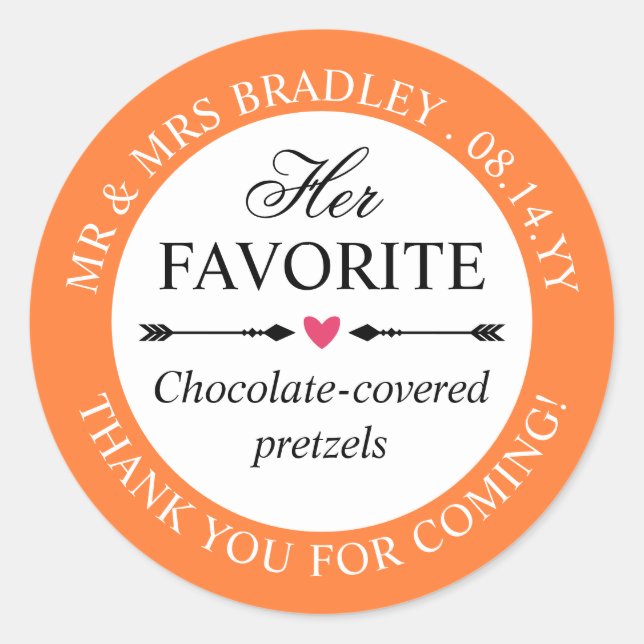 Peach Pink Heart Arrows Her Favourite Wedding Favo Classic Round Sticker (Front)