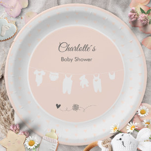 Peach Pink Hearts Clothesline Baby Girl Shower Paper Plate